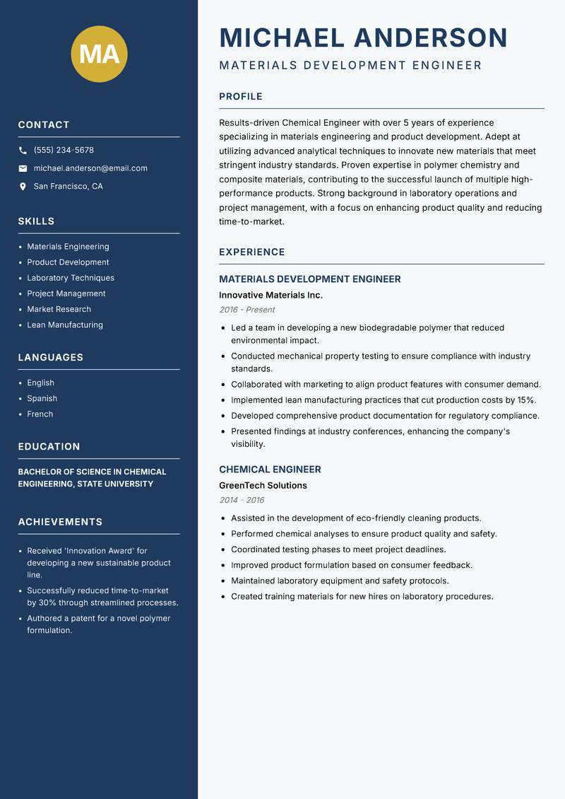 Chemical Engineer resume sample — Materials Development Engineer focus