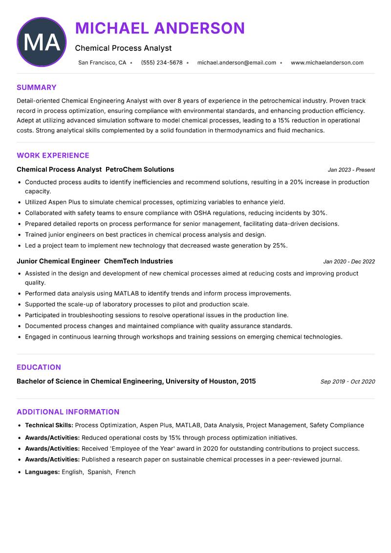Chemical Engineering Analyst resume example