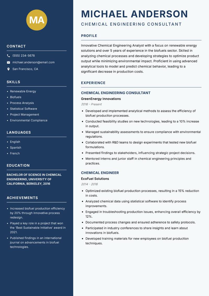 Chemical Engineering Analyst resume sample — Chemical Engineering Consultant focus