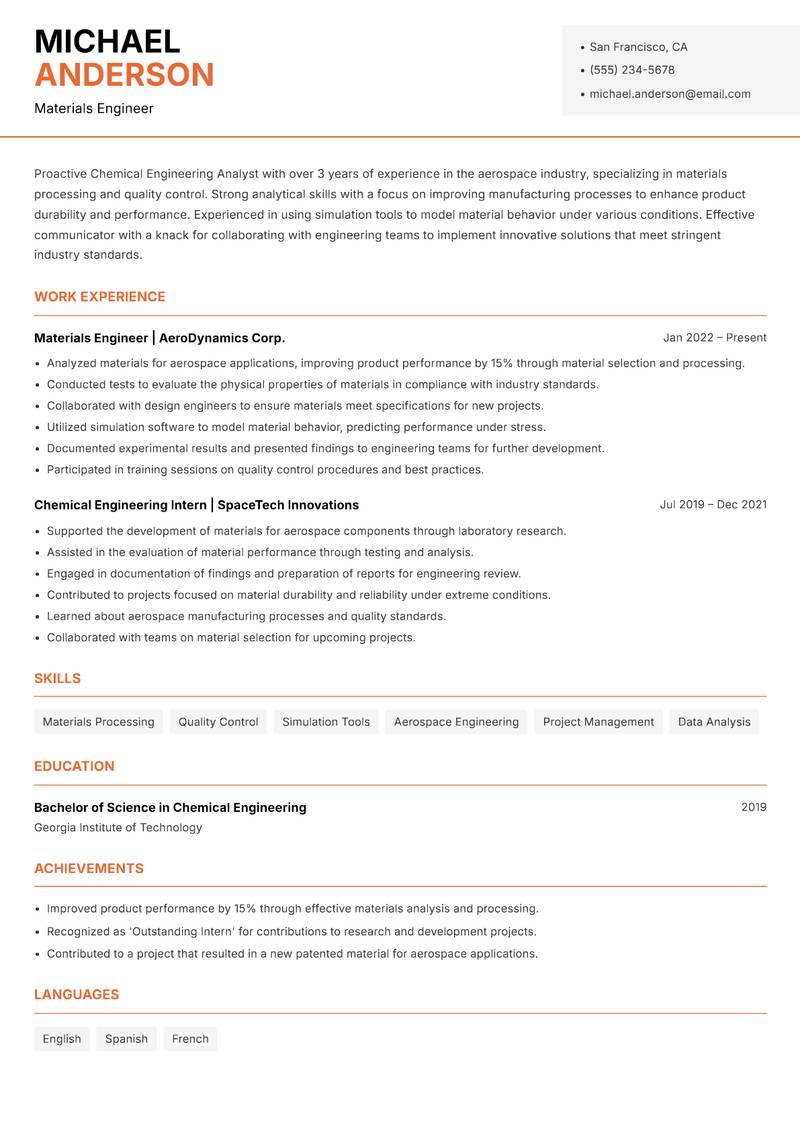 Chemical Engineering Analyst resume sample — Materials Engineer focus