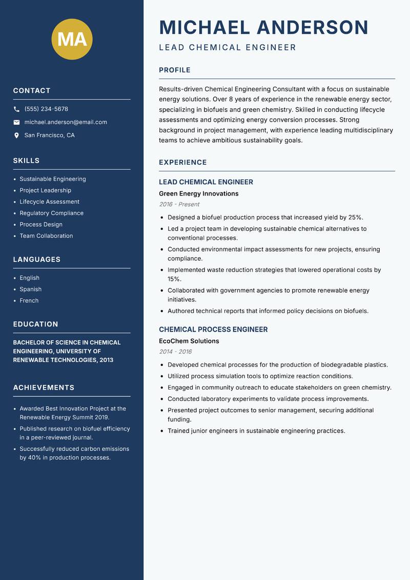 Chemical Engineering Consultant resume sample — Lead Chemical Engineer focus