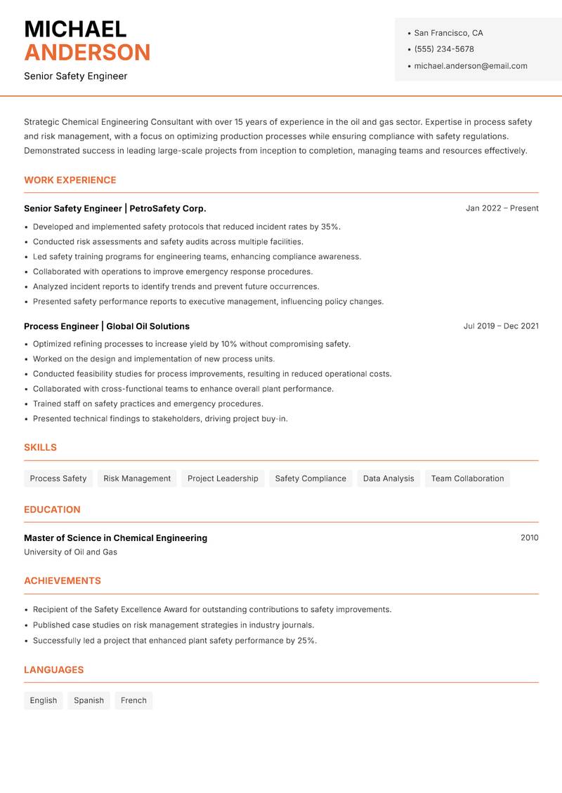 Chemical Engineering Consultant resume sample — Senior Safety Engineer focus