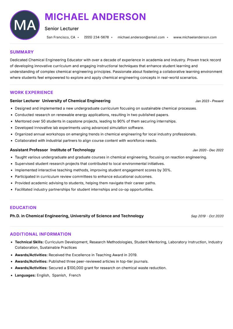 Chemical Engineering Educator resume example