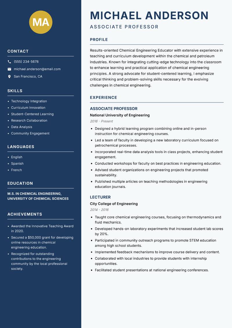 Chemical Engineering Educator resume sample — Associate Professor focus