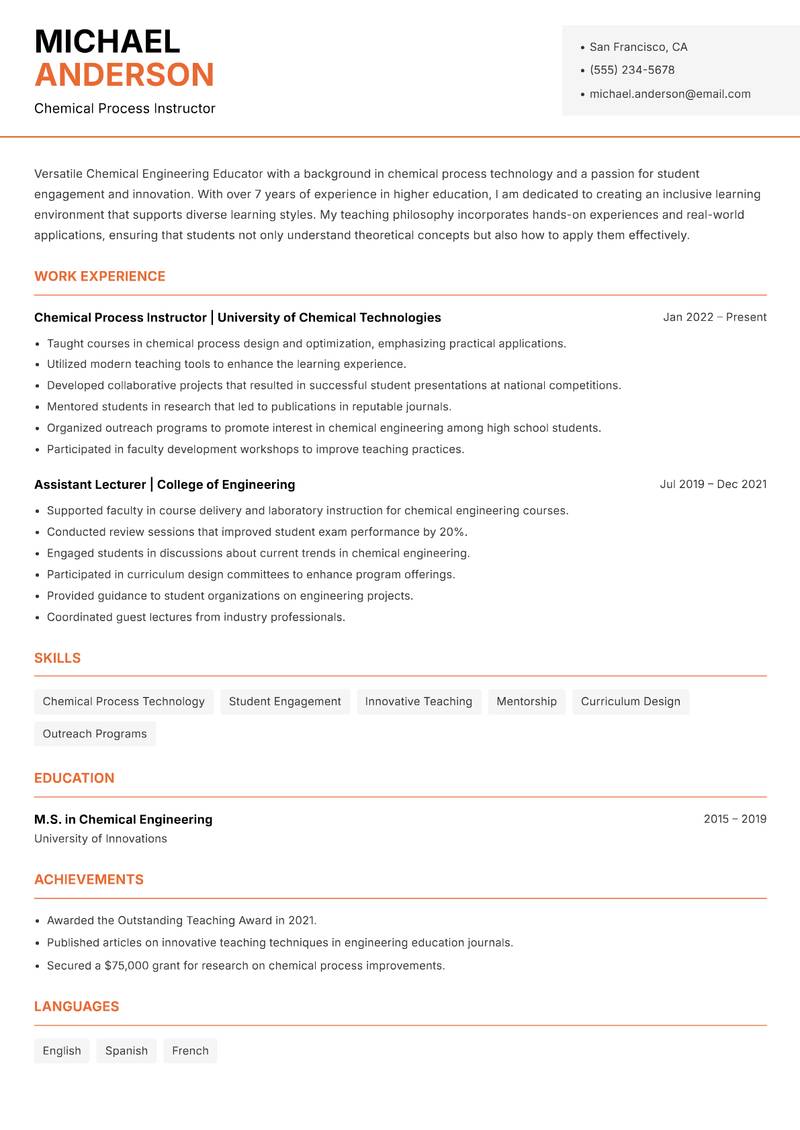Chemical Engineering Educator resume sample — Chemical Process Instructor focus