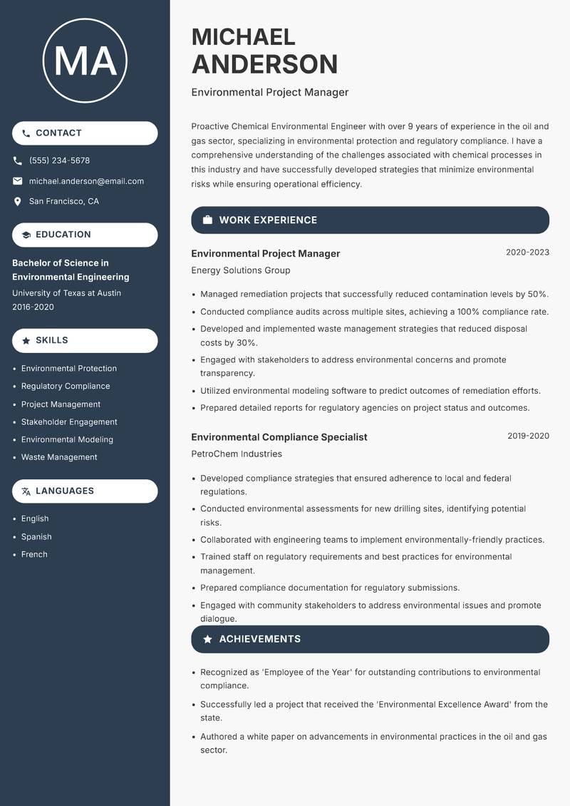 Chemical Environmental Engineer resume sample — Environmental Project Manager focus