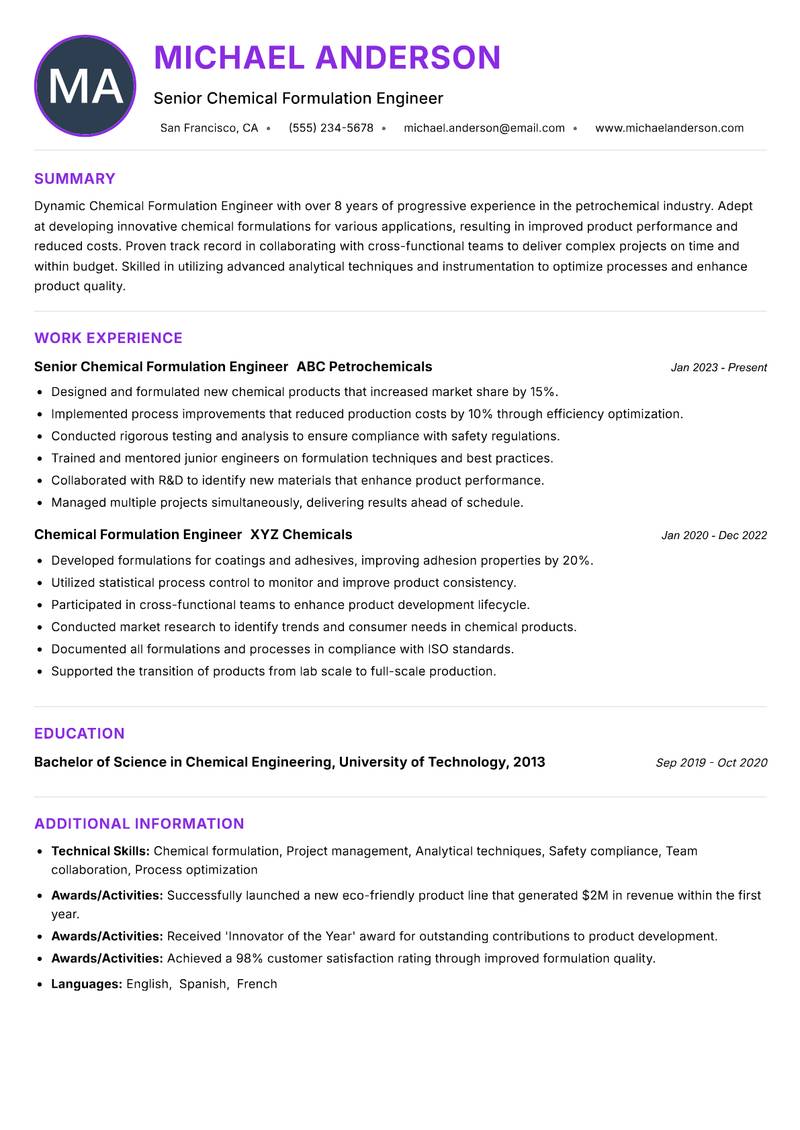 Chemical Formulation Engineer resume example
