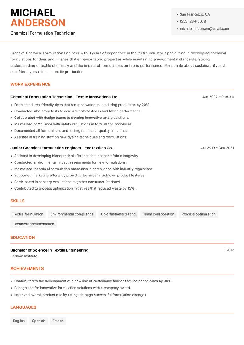 Chemical Formulation Engineer resume sample — Chemical Formulation Technician focus