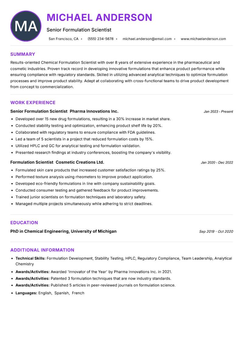 Chemical Formulation Scientist resume example