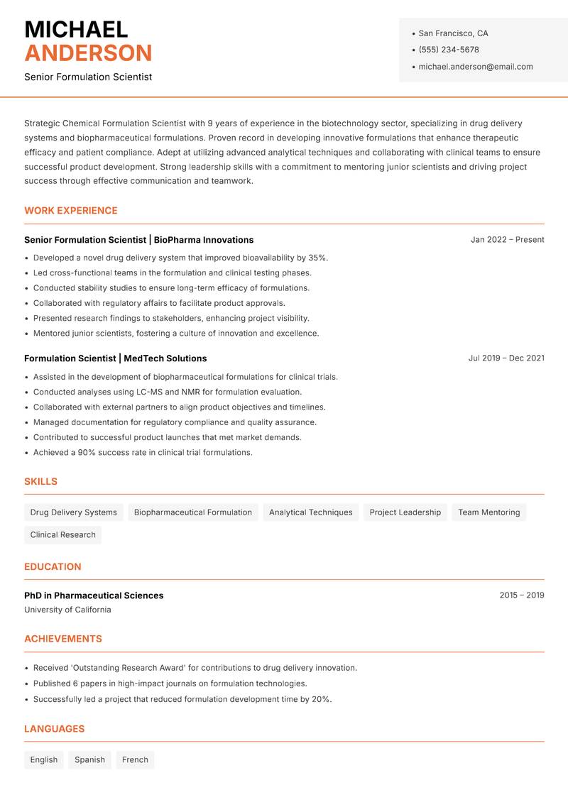 Chemical Formulation Scientist resume sample — Senior Formulation Scientist focus