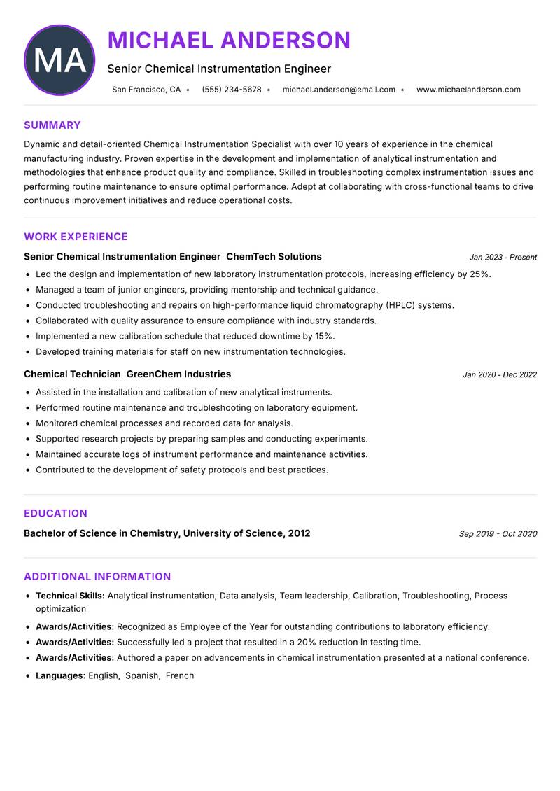 Chemical Instrumentation Specialist resume example