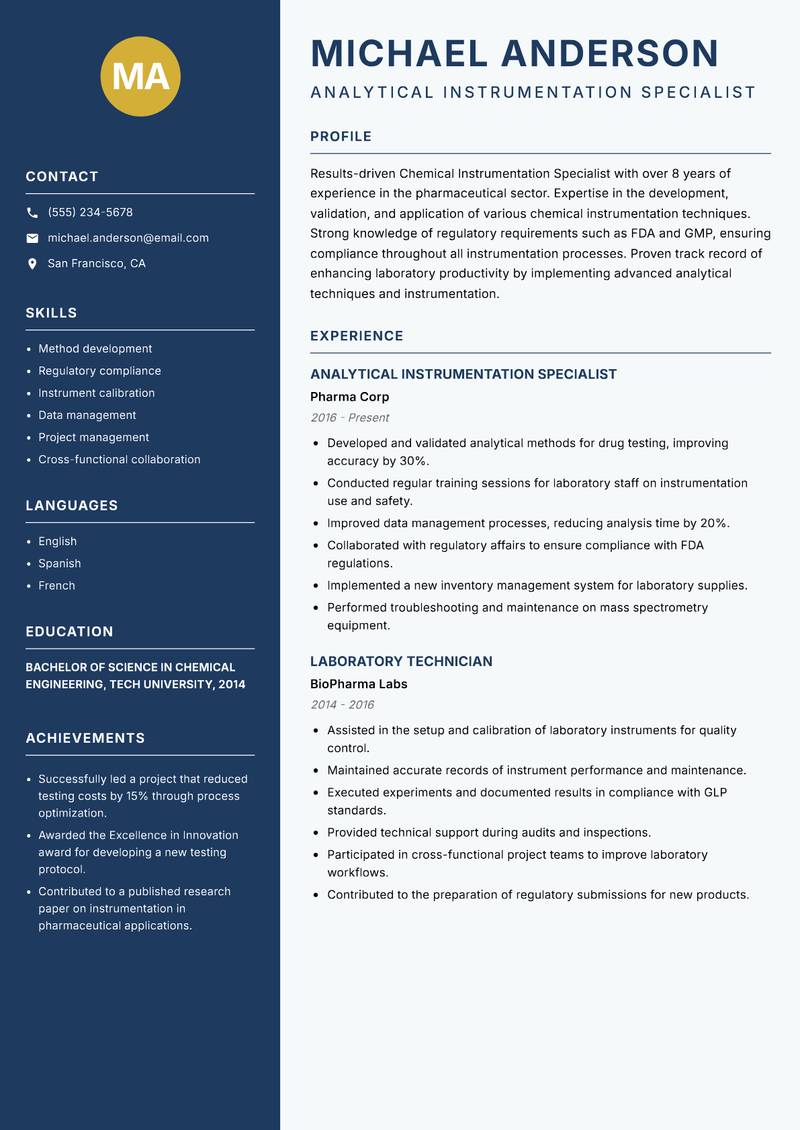 Chemical Instrumentation Specialist resume sample — Analytical Instrumentation Specialist focus