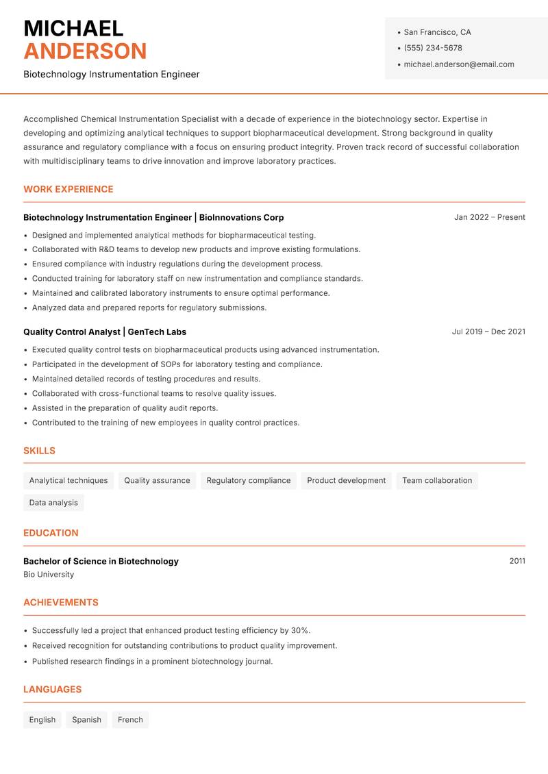 Chemical Instrumentation Specialist resume sample — Biotechnology Instrumentation Engineer focus