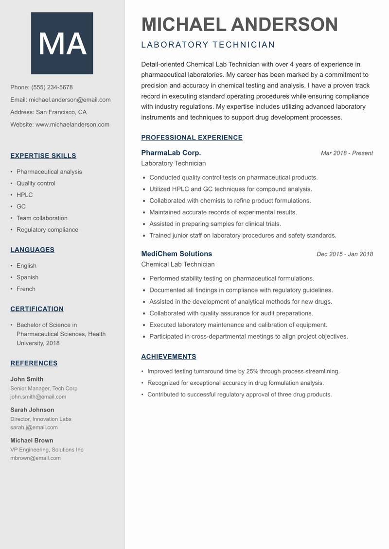Chemical Lab Technician resume sample — Laboratory Technician focus