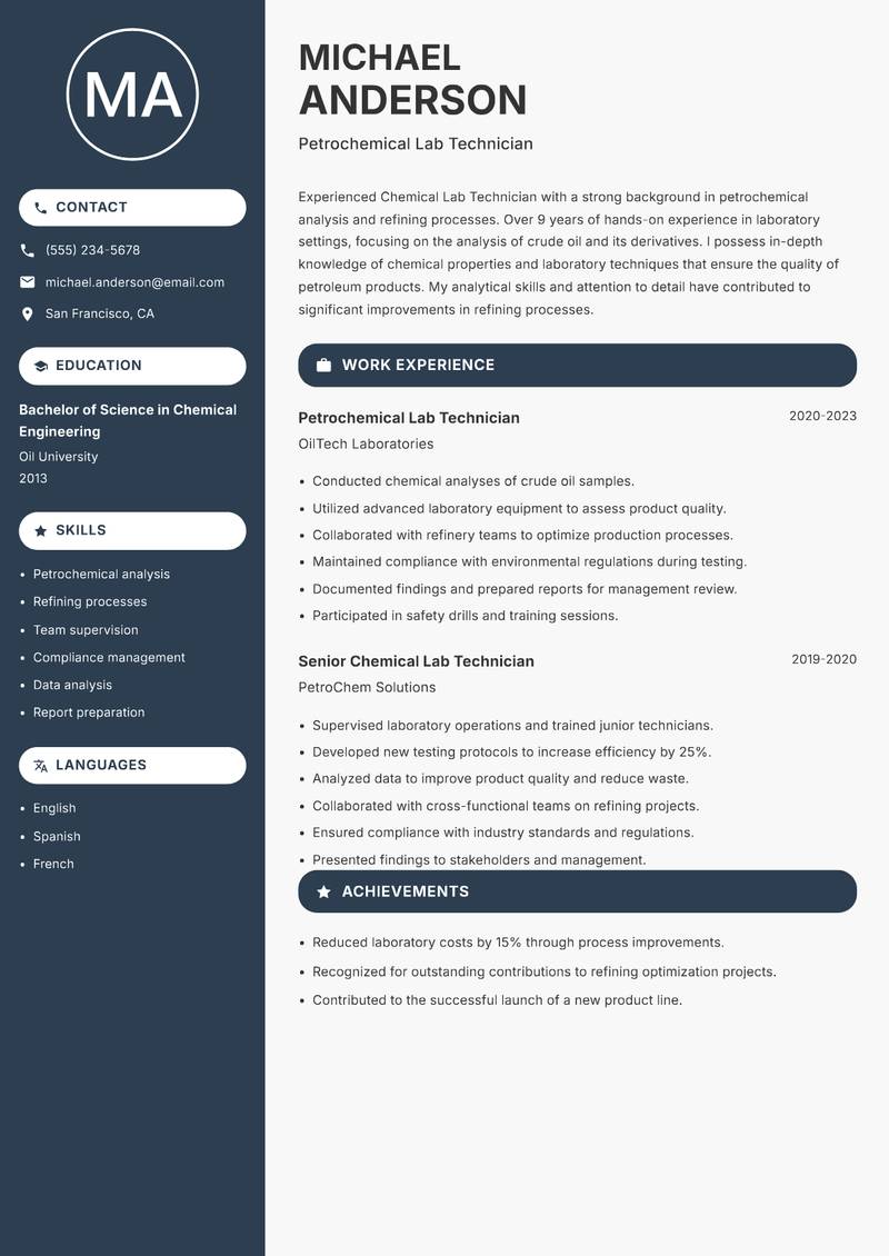 Chemical Lab Technician resume sample — Petrochemical Lab Technician focus