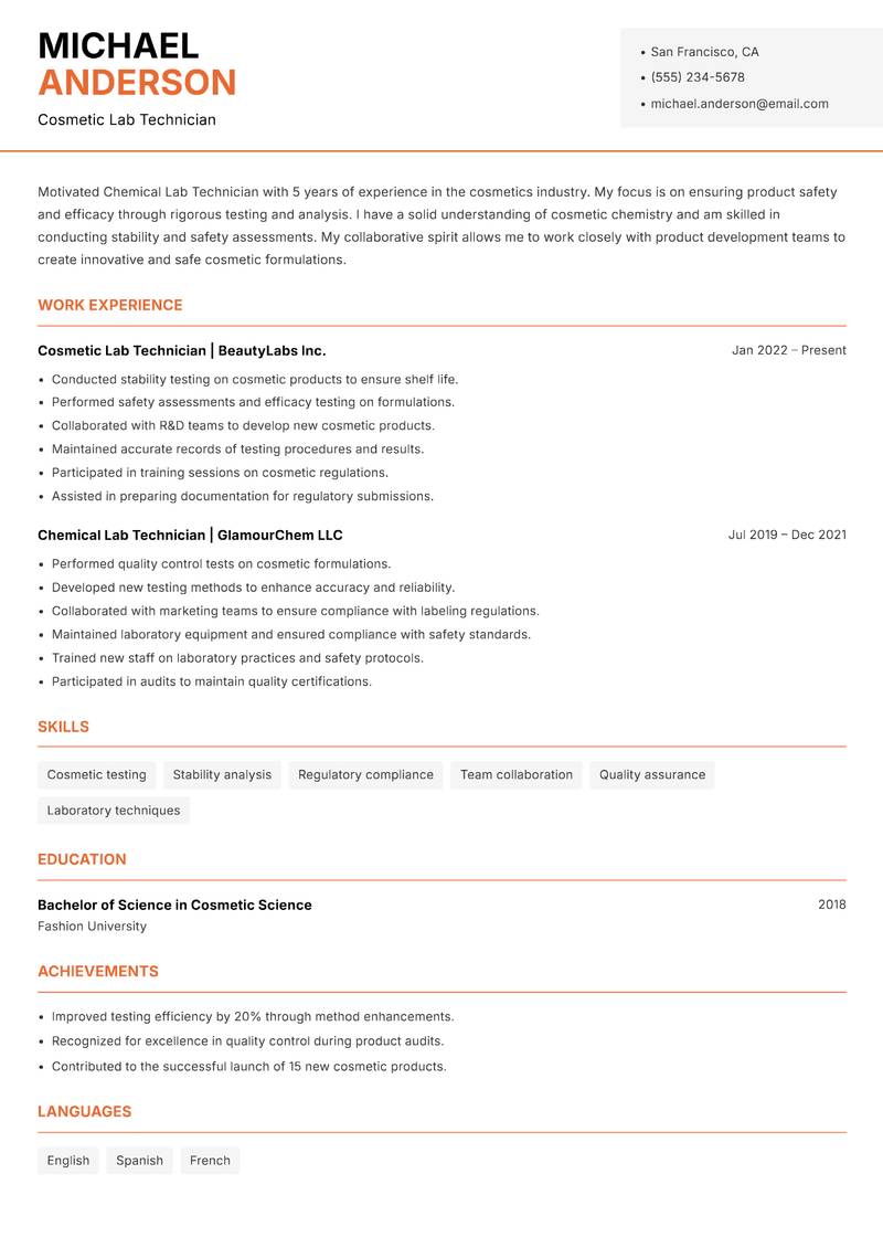 Chemical Lab Technician resume sample — Cosmetic Lab Technician focus