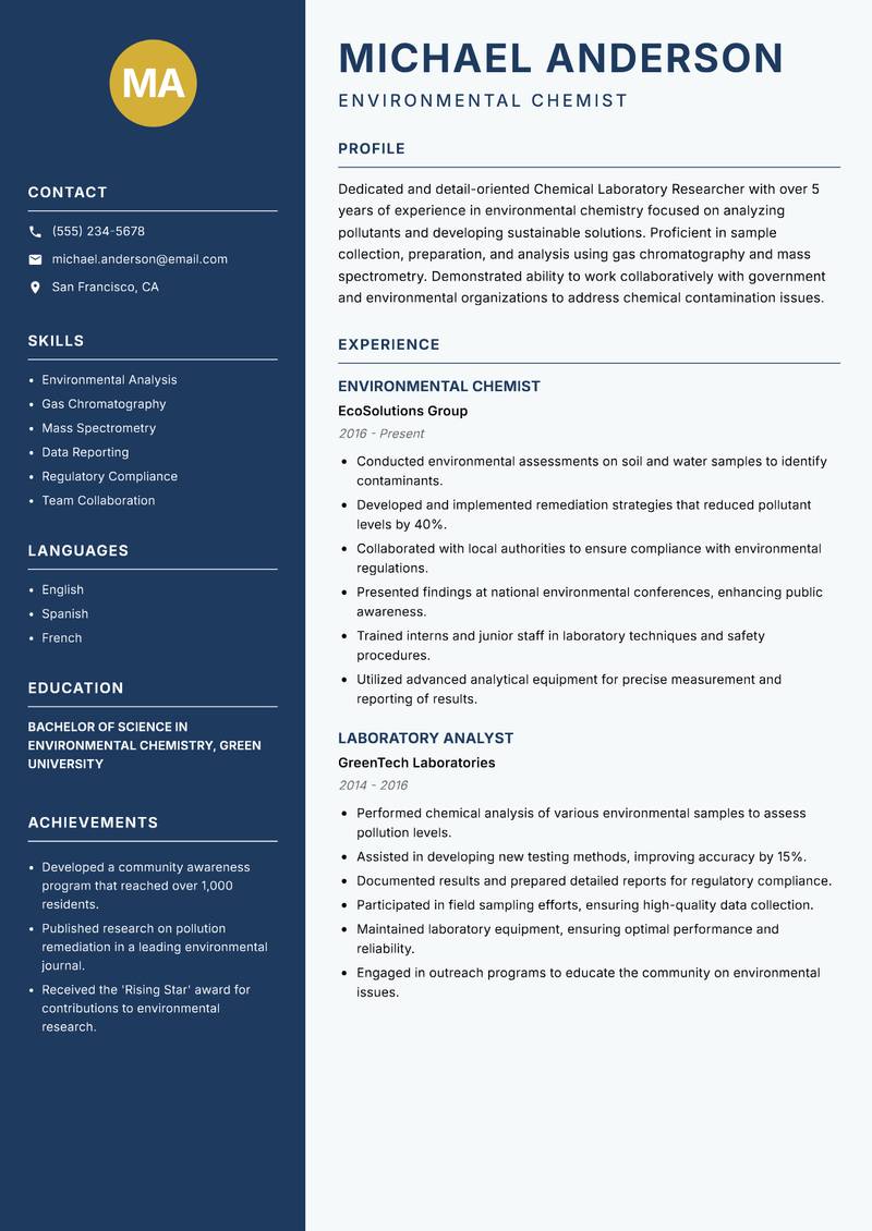 Chemical Laboratory Researcher resume sample — Environmental Chemist focus
