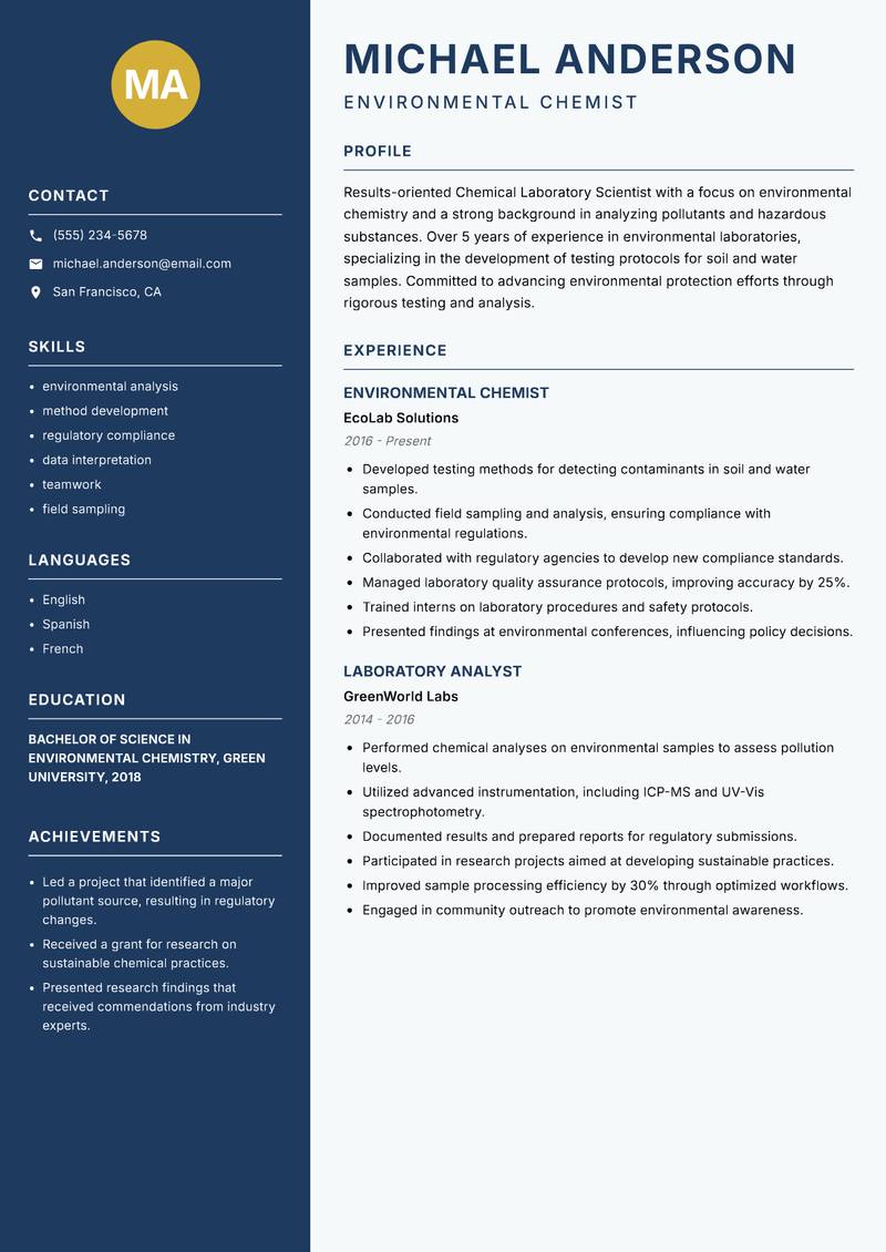 Chemical Laboratory Scientist resume sample — Environmental Chemist focus
