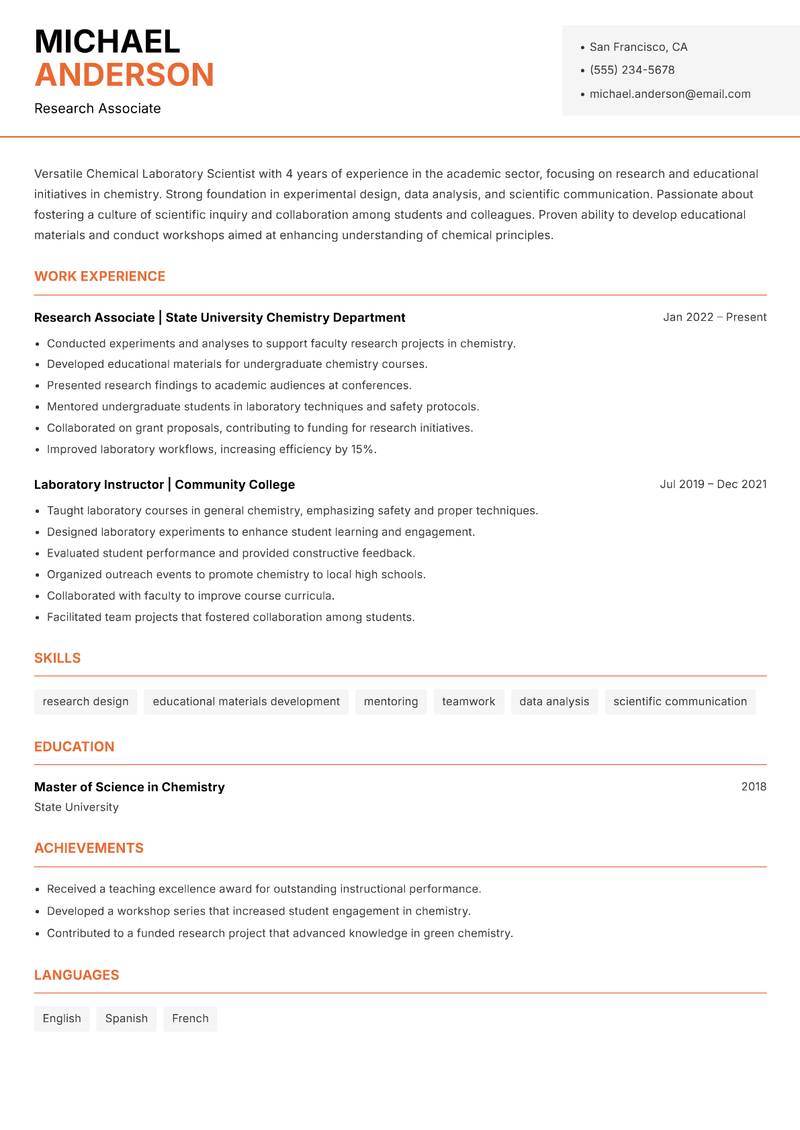 Chemical Laboratory Scientist resume sample — Research Associate focus