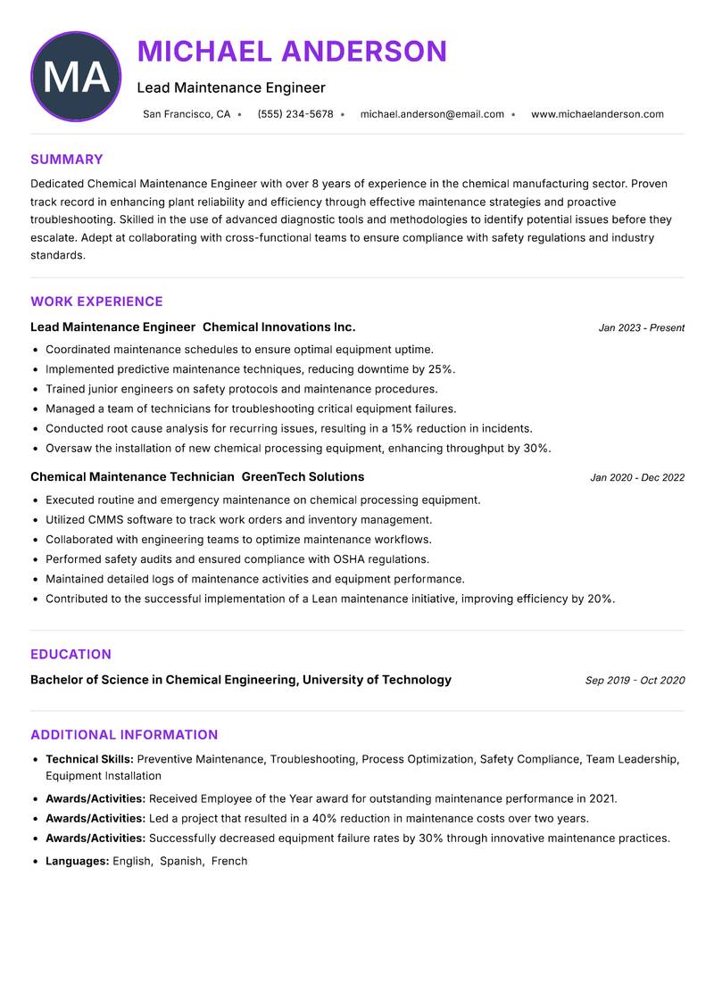 Chemical Maintenance Engineer resume example