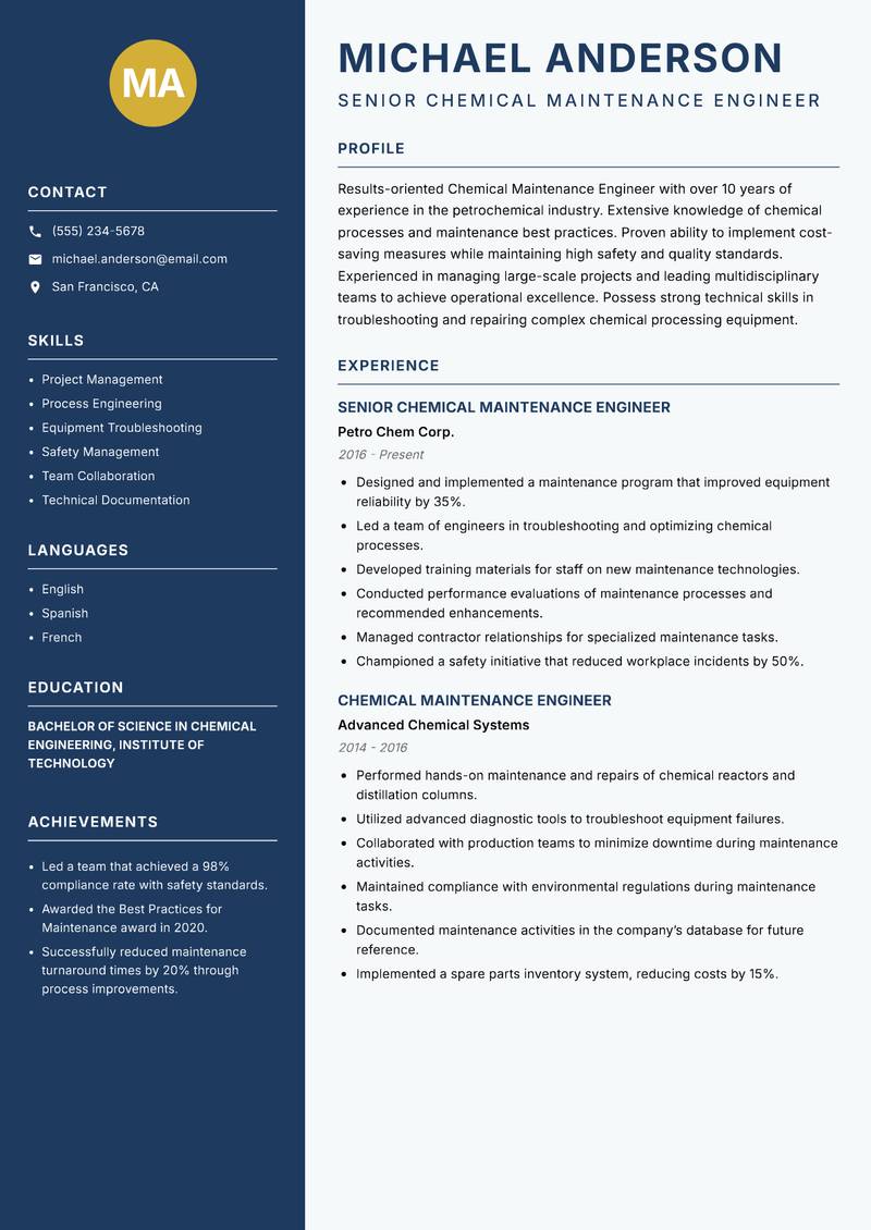 Chemical Maintenance Engineer resume sample — Senior Chemical Maintenance Engineer focus