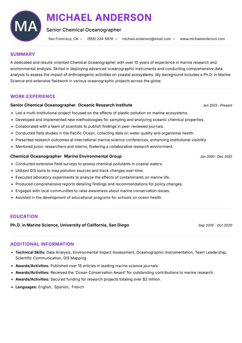 Chemical Oceanographer resume example