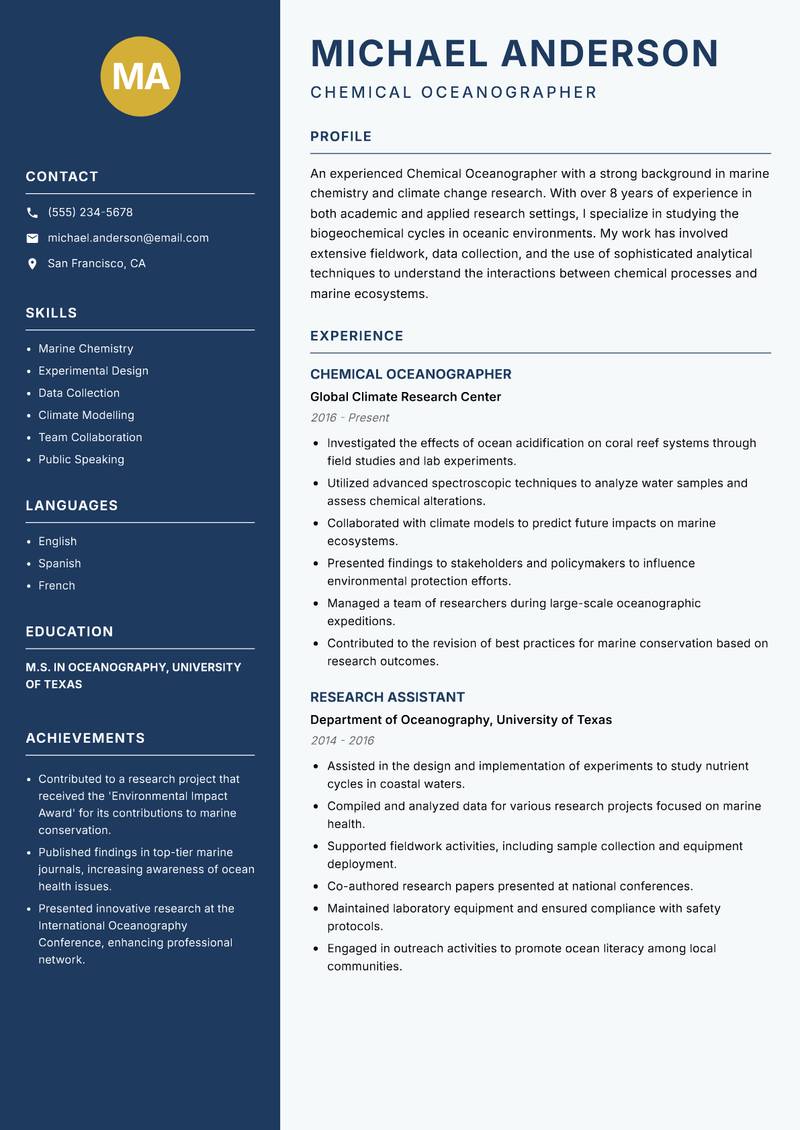 Chemical Oceanographer resume sample — Chemical Oceanographer focus