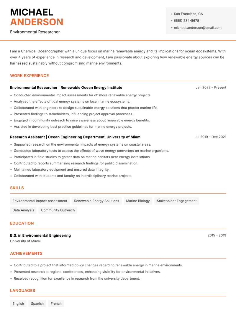 Chemical Oceanographer resume sample — Environmental Researcher focus