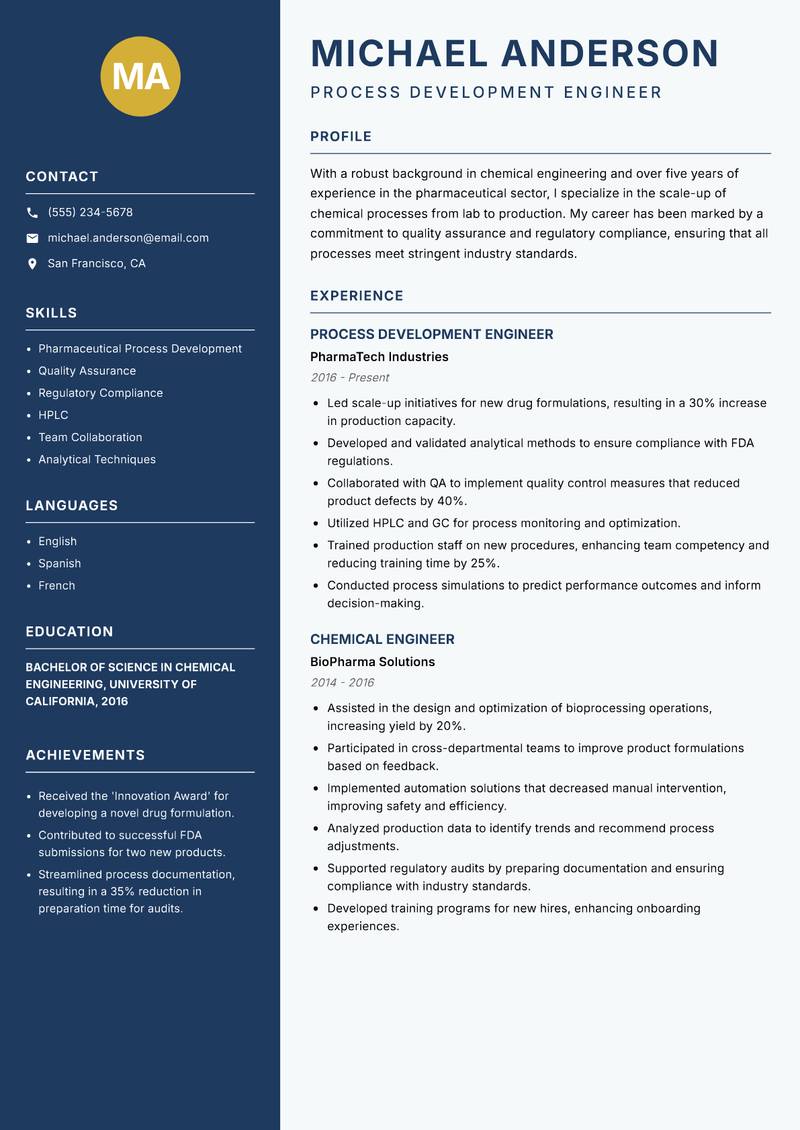 Chemical Operations Engineer resume sample — Process Development Engineer focus
