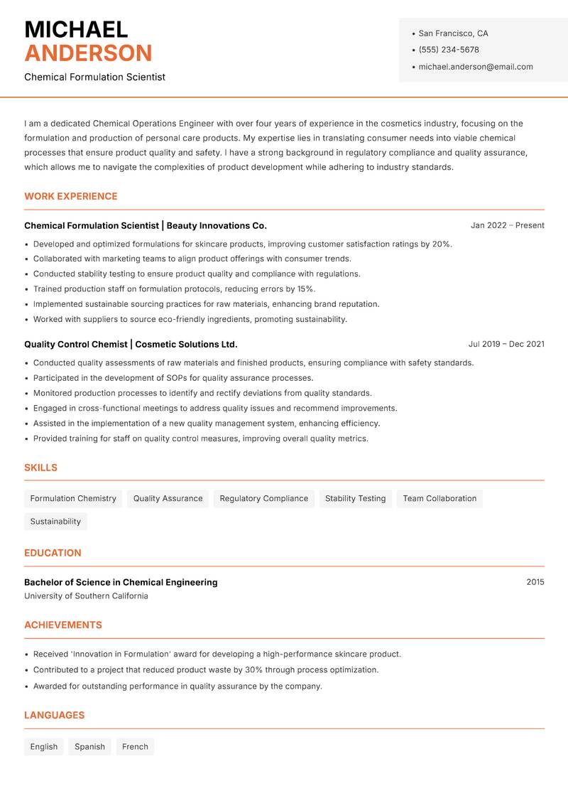 Chemical Operations Engineer resume sample — Chemical Formulation Scientist focus