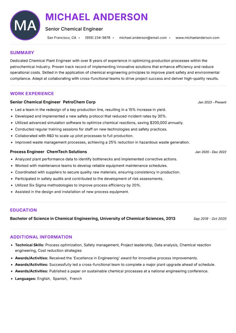 Chemical Plant Engineer resume example