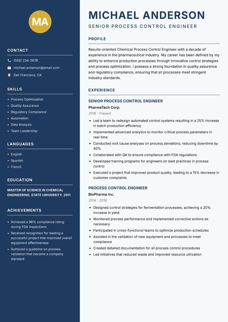 Chemical Process Control Engineer resume sample — Senior Process Control Engineer focus