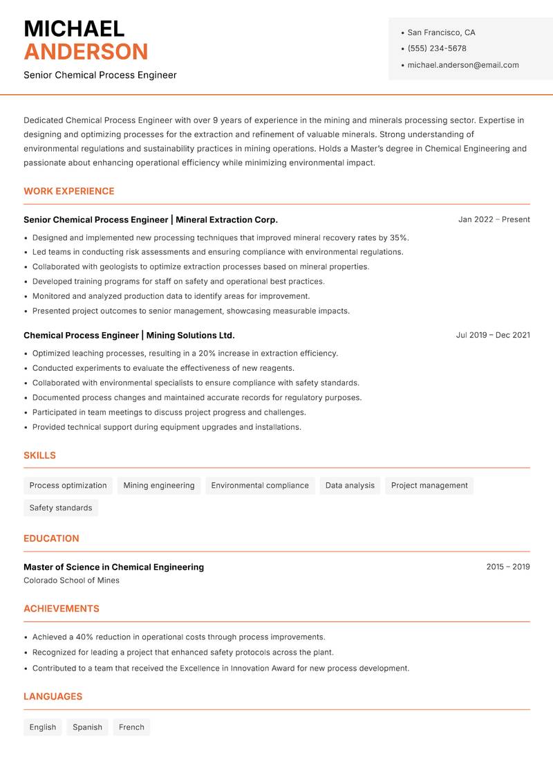 Chemical Process Engineer resume sample — Senior Chemical Process Engineer focus