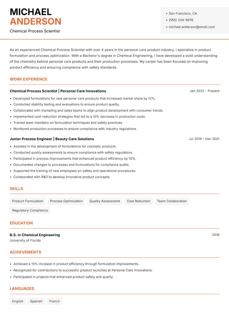 Chemical Process Scientist resume sample — Chemical Process Scientist focus