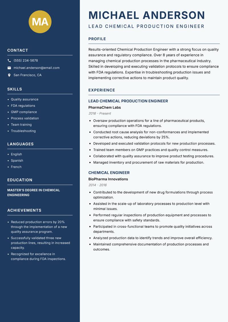 Chemical Production Engineer resume sample — Lead Chemical Production Engineer focus