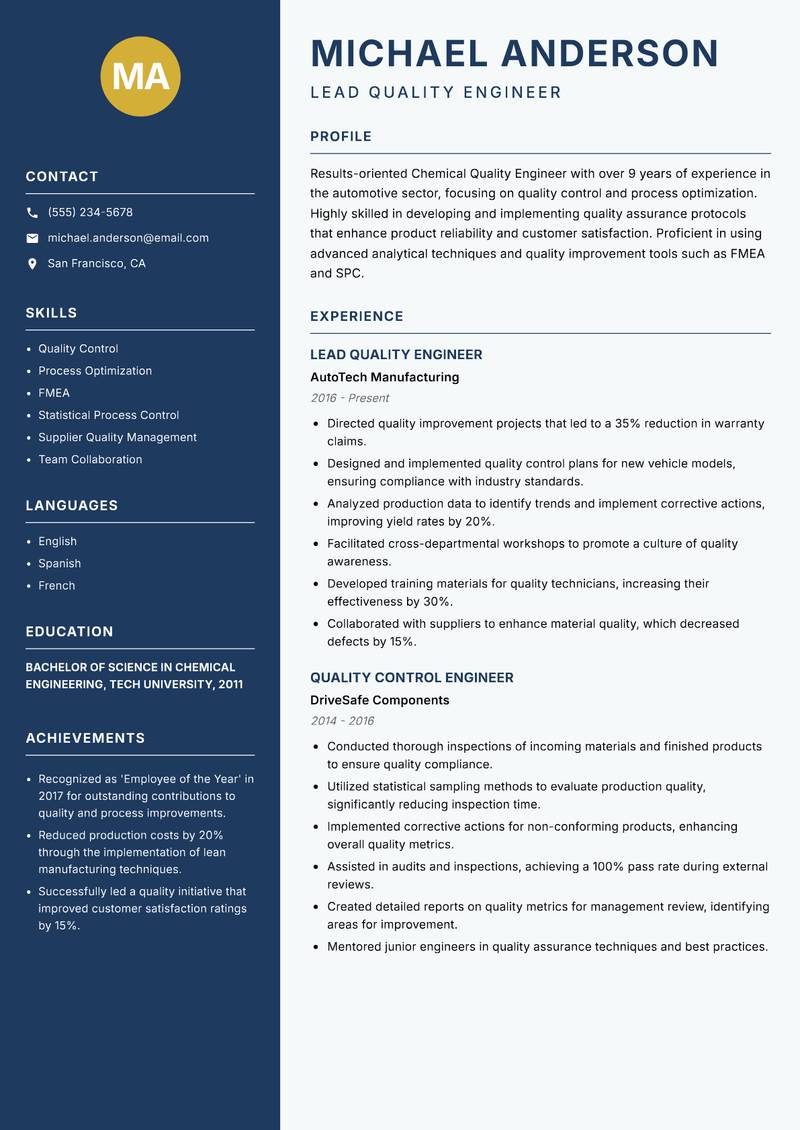 Chemical Quality Engineer resume sample — Lead Quality Engineer focus