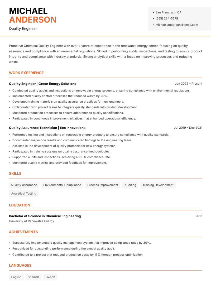 Chemical Quality Engineer resume sample — Quality Engineer focus