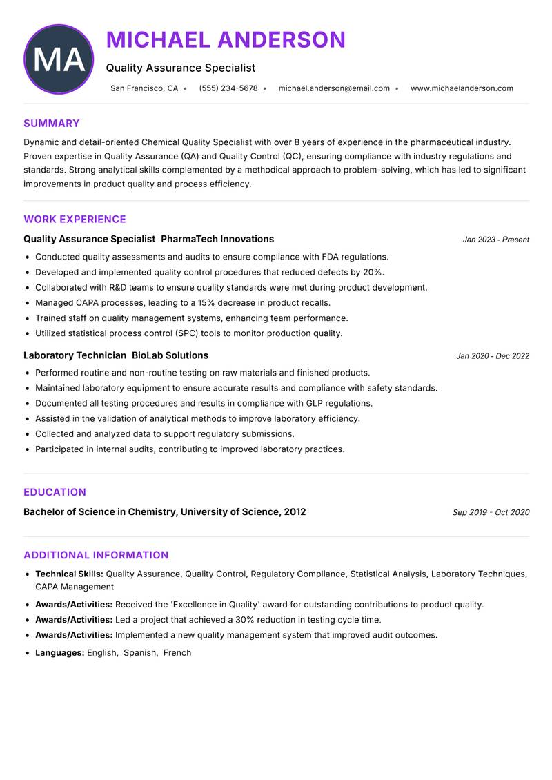 Chemical Quality Specialist resume example