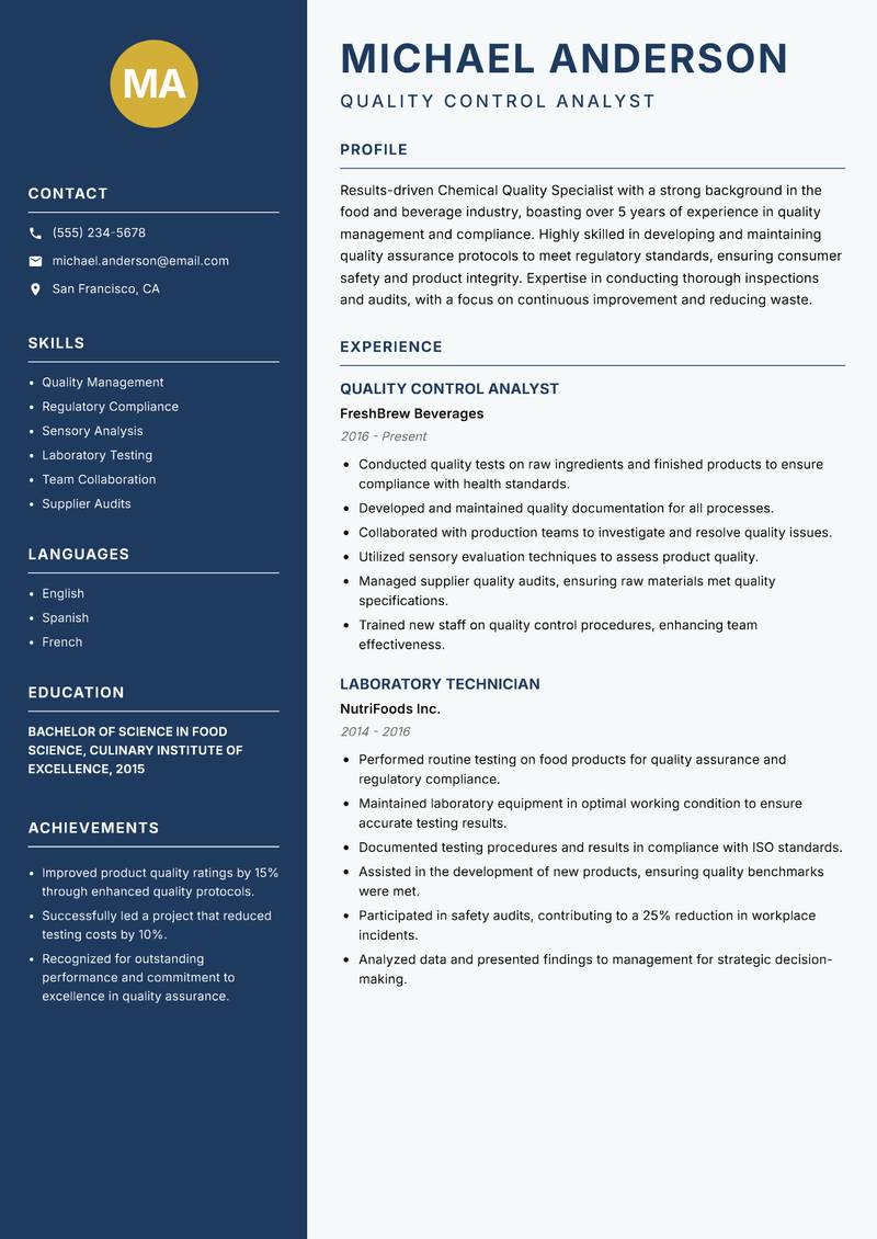 Chemical Quality Specialist resume sample — Quality Control Analyst focus