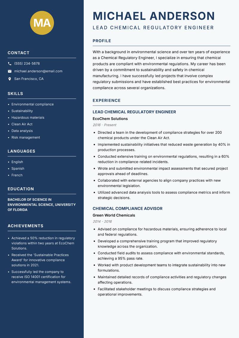 Chemical Regulatory Engineer resume sample — Lead Chemical Regulatory Engineer focus