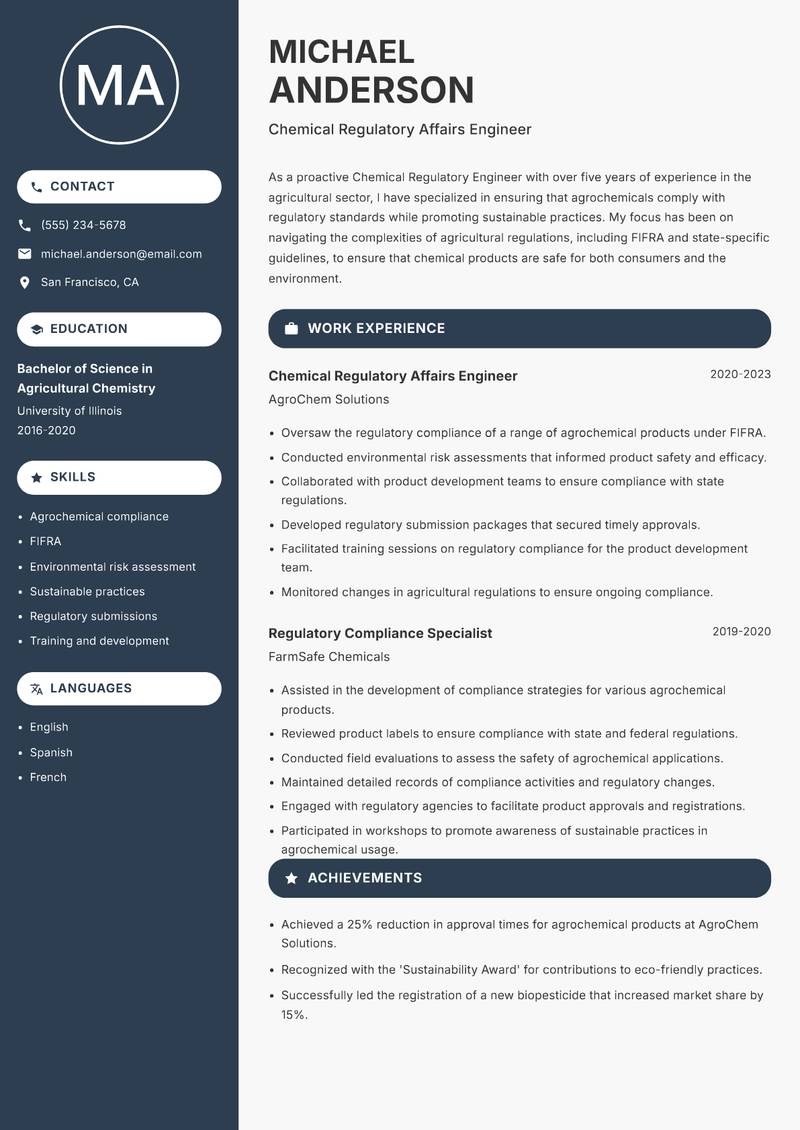 Chemical Regulatory Engineer resume sample — Chemical Regulatory Affairs Engineer focus