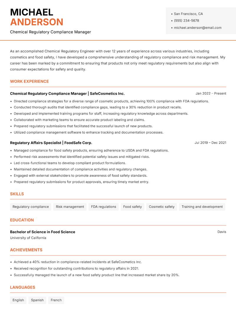 Chemical Regulatory Engineer resume sample — Chemical Regulatory Compliance Manager focus