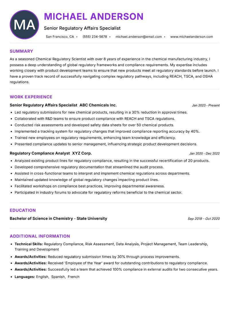 Chemical Regulatory Scientist resume example