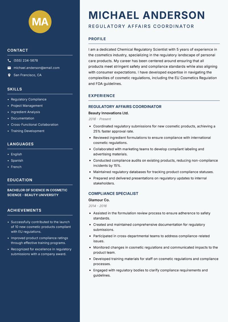 Chemical Regulatory Scientist resume sample — Regulatory Affairs Coordinator focus