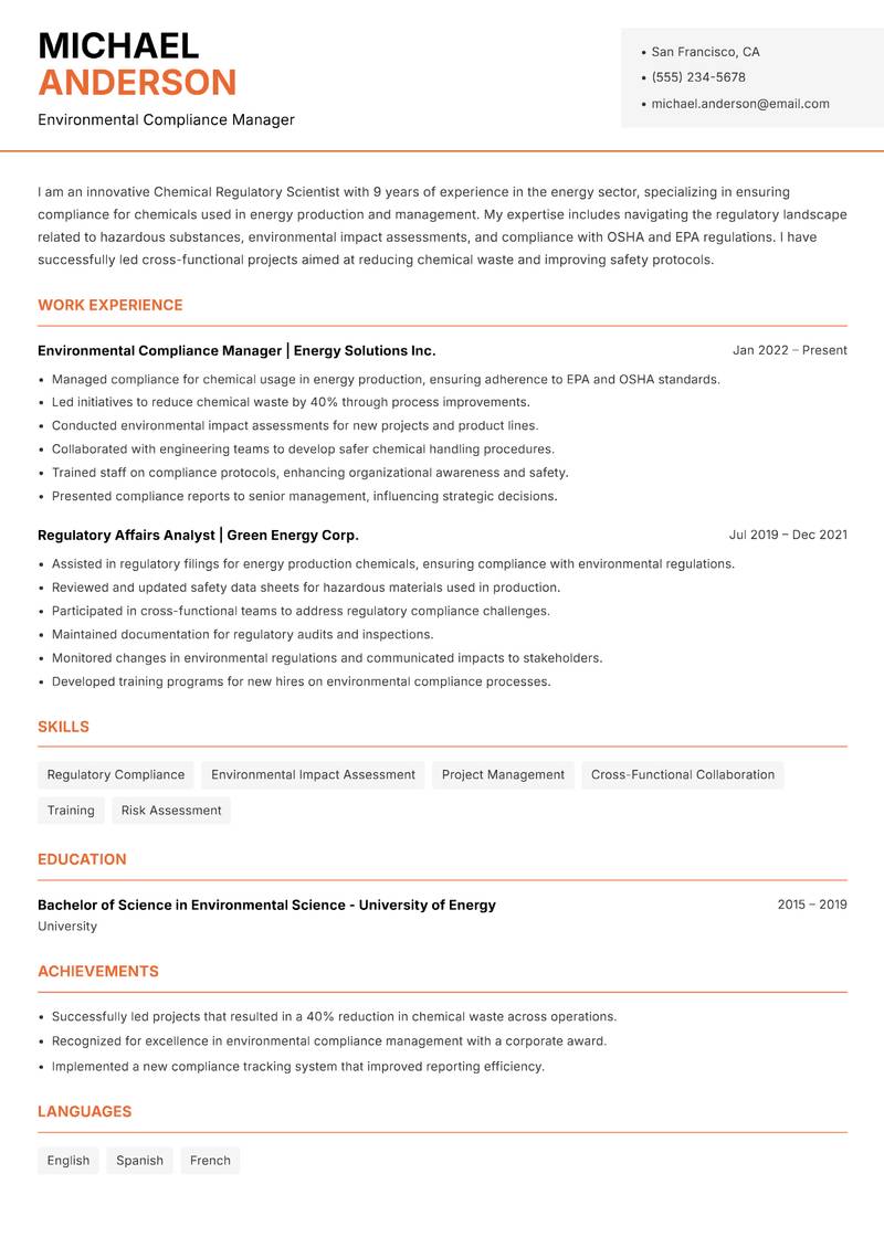 Chemical Regulatory Scientist resume sample — Environmental Compliance Manager focus
