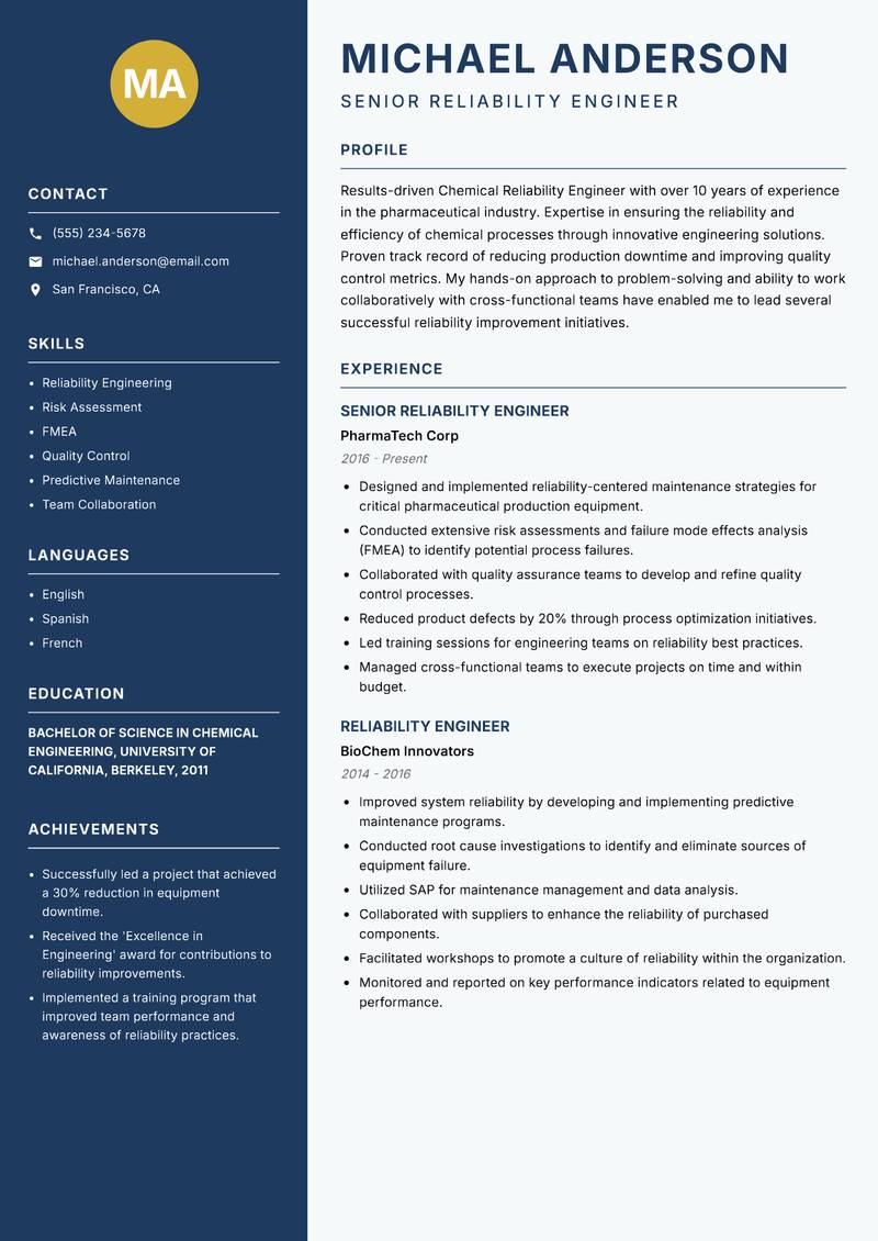 Chemical Reliability Engineer resume sample — Senior Reliability Engineer focus