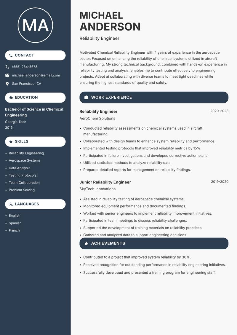 Chemical Reliability Engineer resume sample — Reliability Engineer focus