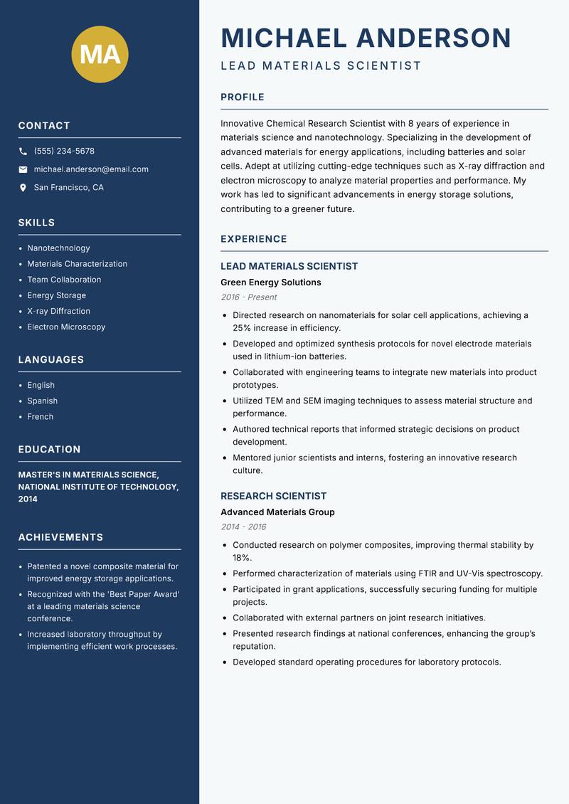 Chemical Research Scientist resume sample — Lead Materials Scientist focus