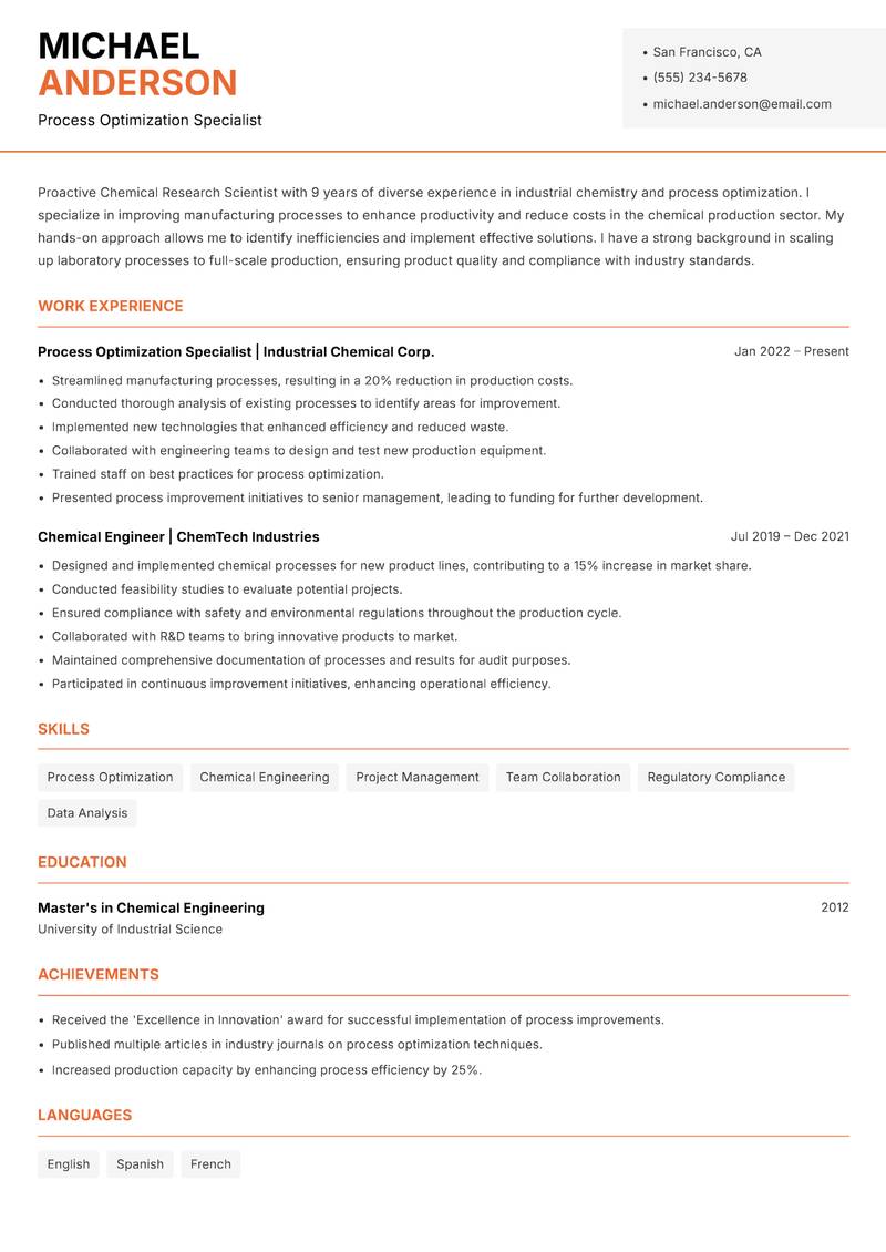 Chemical Research Scientist resume sample — Process Optimization Specialist focus