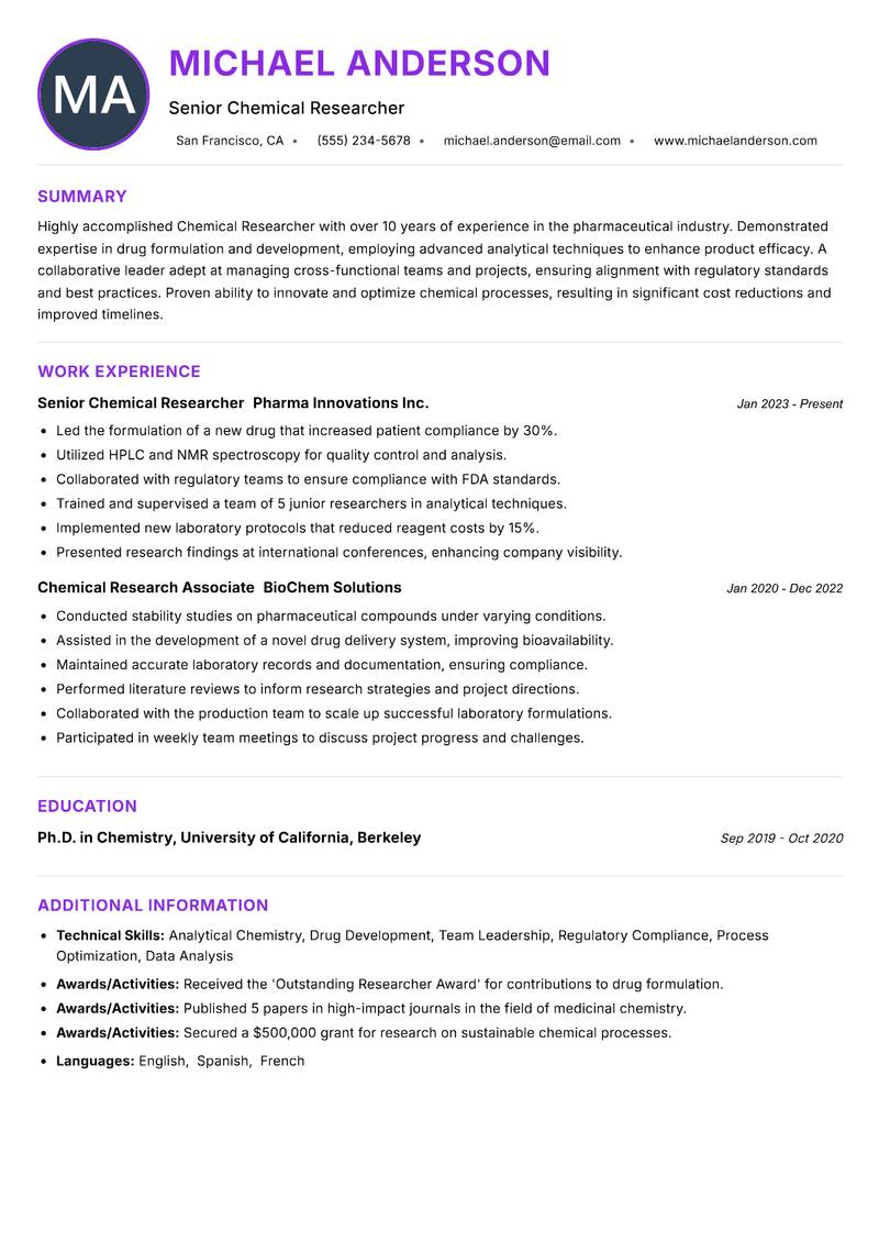 Chemical Researcher resume example